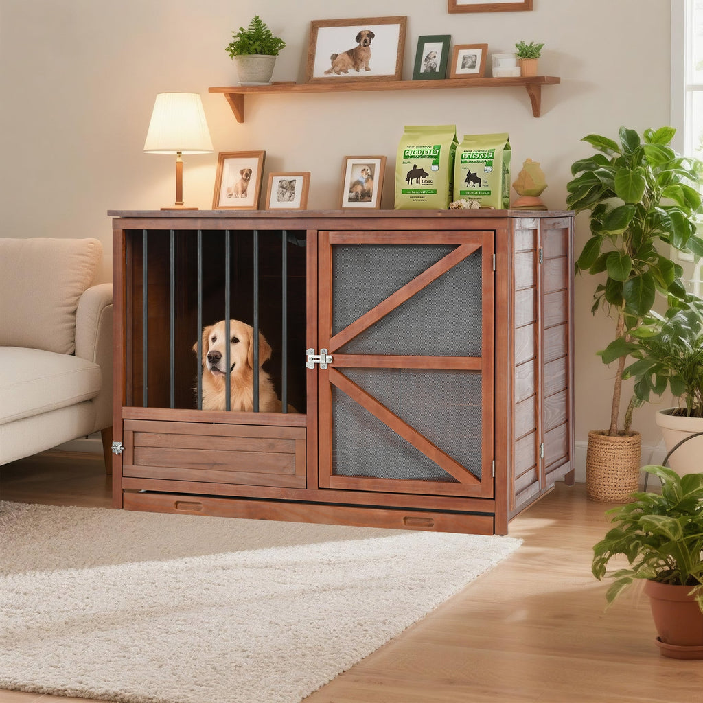 43" Solid Wood Foldable Dog Crate Furniture