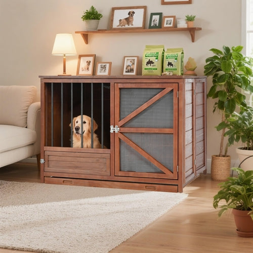 43" Solid Wood Foldable Dog Crate Furniture